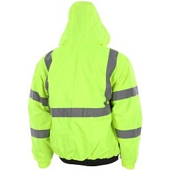 MCR Safety VBBQCL3LM Bomber Jacket, Two Tone Value, Men's, Medium, Fluorescent Lime, Polyester/Polyurethane, ANSI/ISEA 107 2020 Type R, Class 3 compliant Specifications Met, Yes High-Visibility, Drawstring Hood Style, 49 in Chest